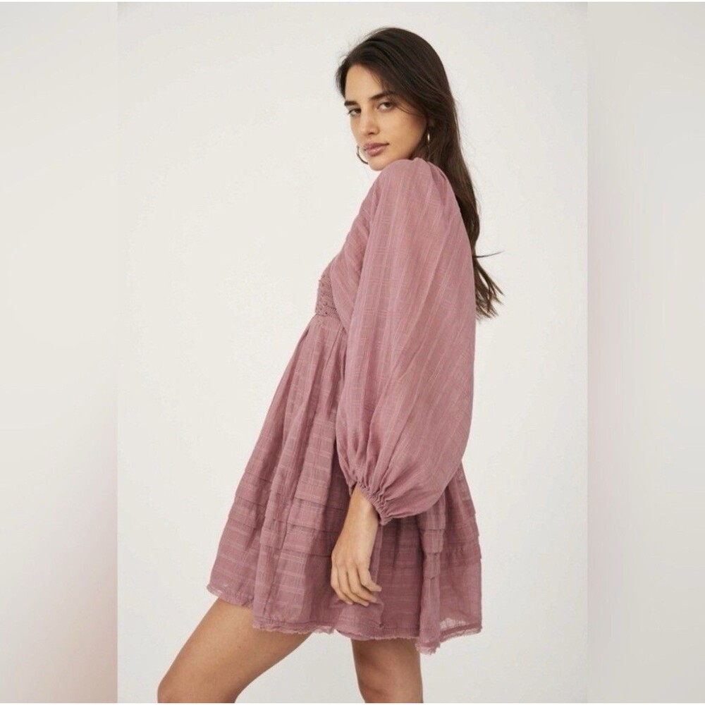 Free People Ari Mini Dress Mauve Pink Smocked Detail Boho Size Large Boho Party
